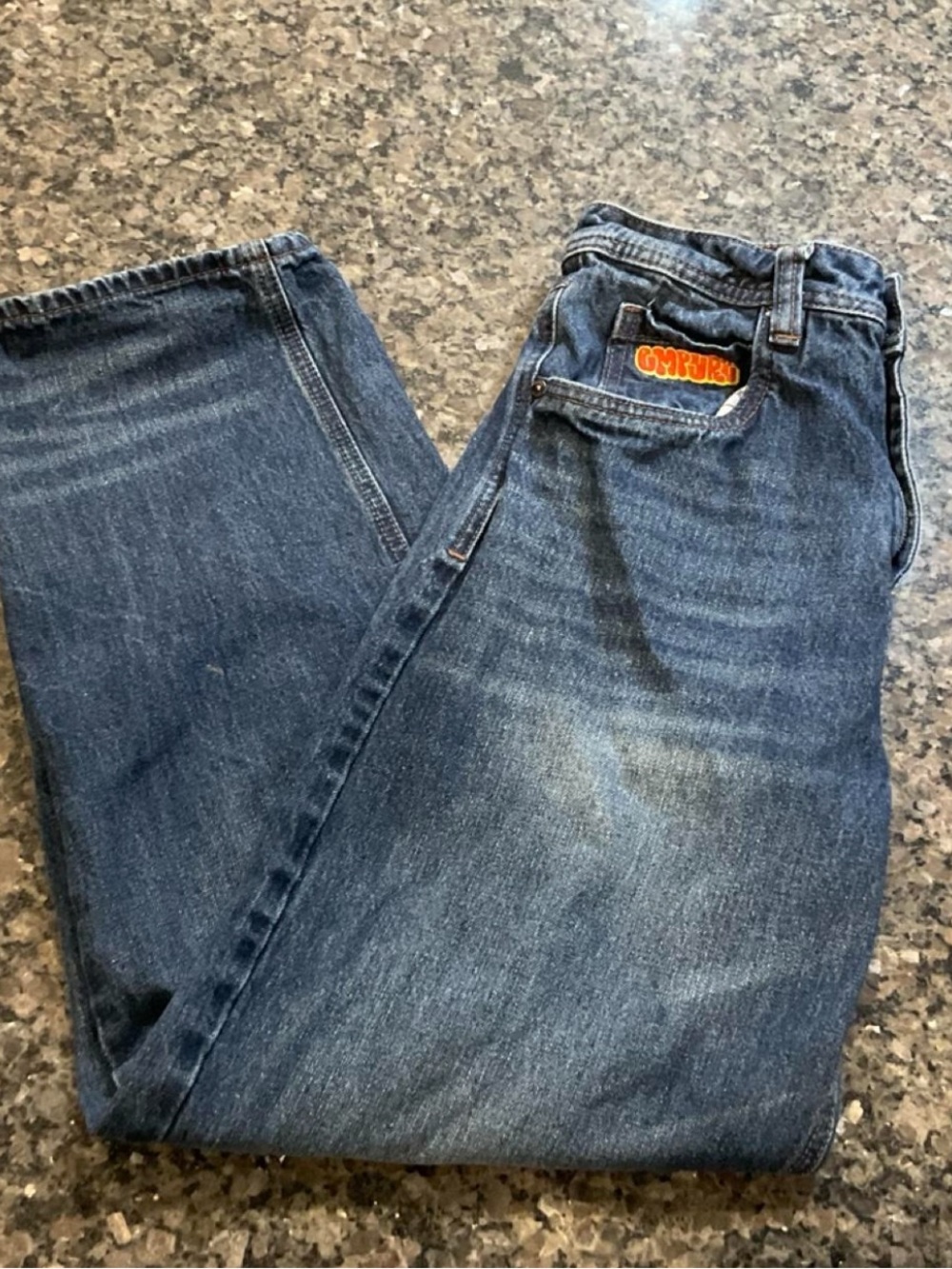 Empyre Women's Straight Leg Jeans in Dark Blue with Orange Logo